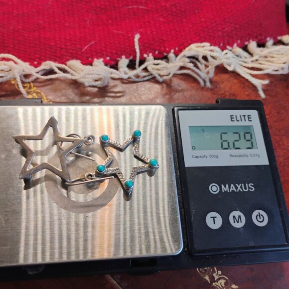 Handmade Stamped Sterling Silver Turquoise Dangle Star Earrings - Picture 6 of 6